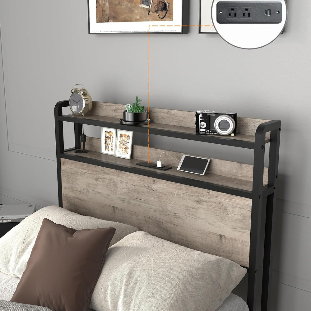 Peanu Twin Bed Frame, Charging Station, LED Headboard, Black Gray