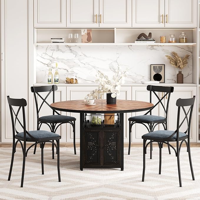 47" Round Dining Table Set for 4-6 People, Large Farmhouse Kitchen Dining Table Set with Chairs and Storage Rack, Metal Base Round Table for Home Dining Room Living Room (Cat table and 4 black chairs)