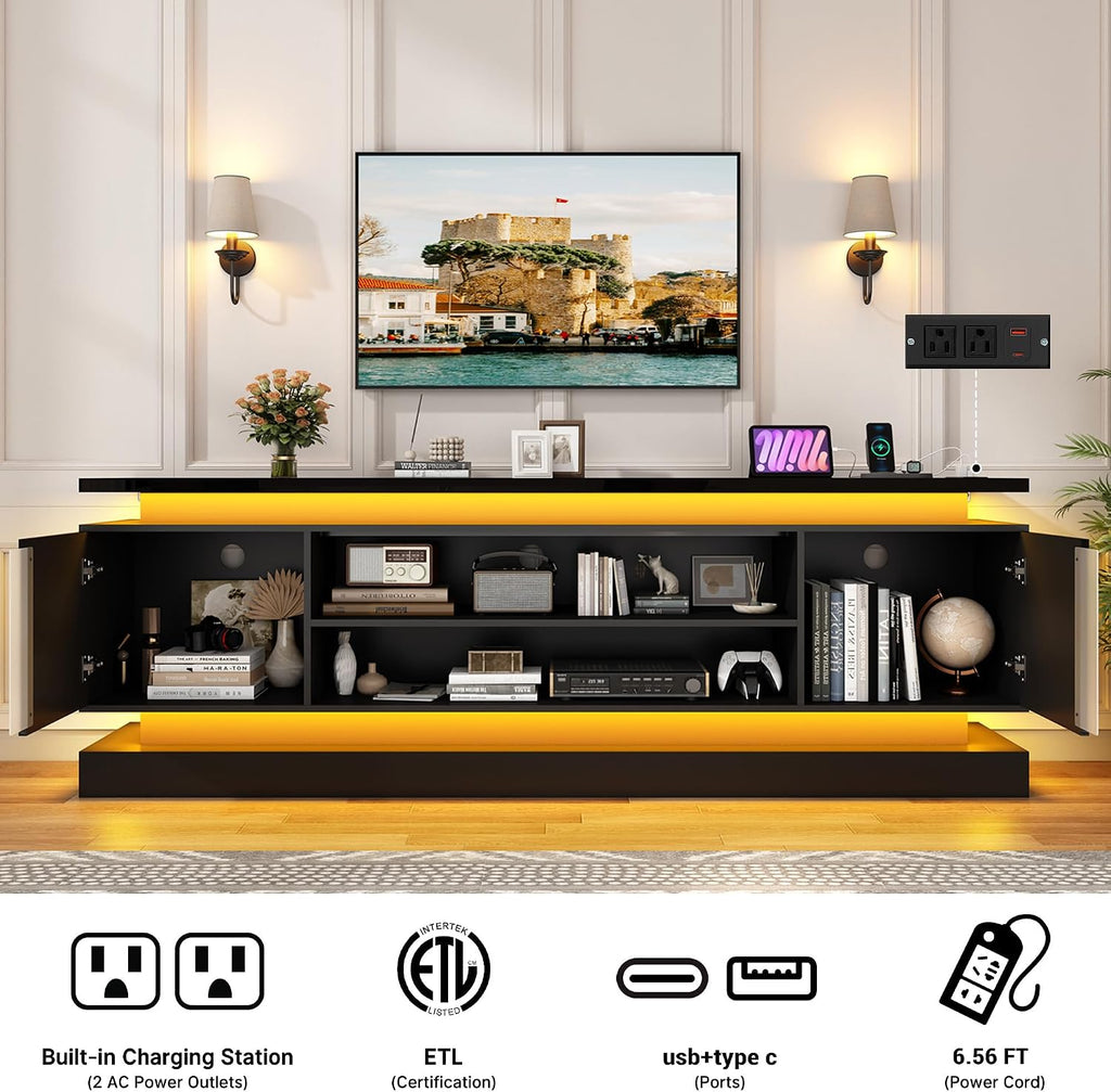 81" 2 LED TV Stand for TVs 90/85/75 inch,High Gloss Gaming Tall Entertainment Center w/Power Outlet,6000-Colors LED Lights,Modern TV Media Console Table with 2 Cabinets for Living Room,Black