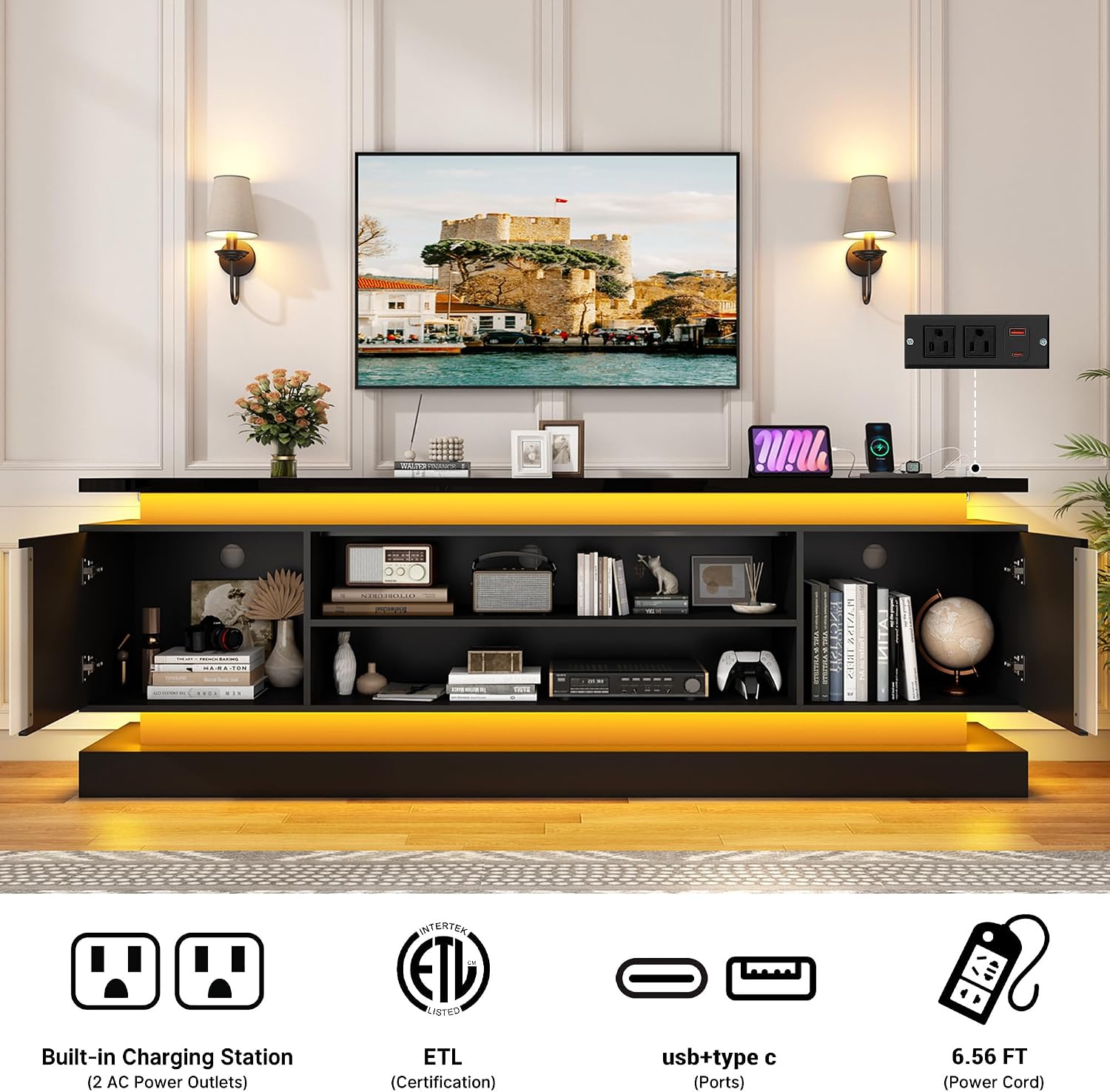 81" 2 LED TV Stand for TVs 90/85/75 inch,High Gloss Gaming Tall Entertainment Center w/Power Outlet,6000-Colors LED Lights,Modern TV Media Console Table with 2 Cabinets for Living Room,Black