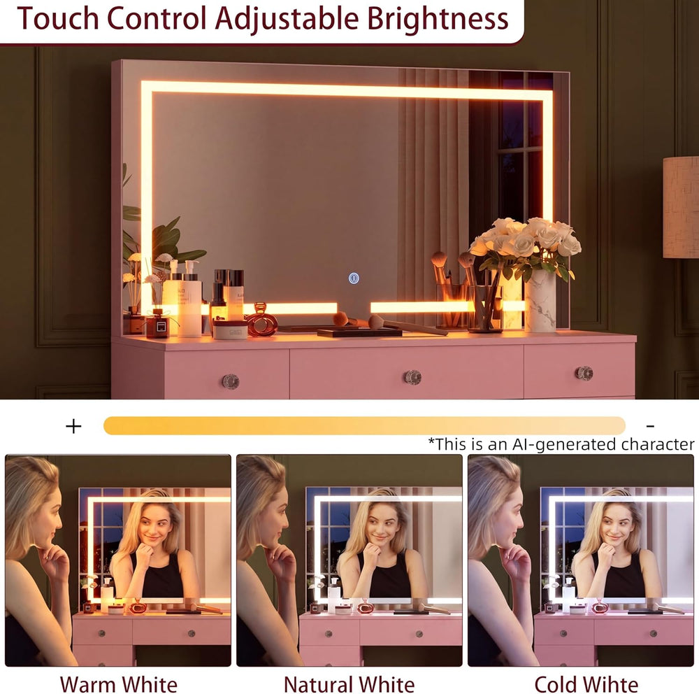 SMOOL Vanity with Mirror and Lights - Vanity Desk with Outlet and 9 Drawers |...