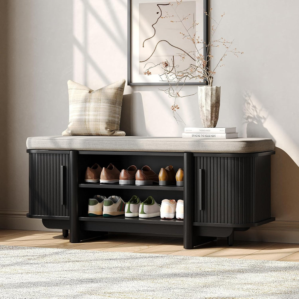 Maupvit Entryway Shoe Storage Bench with Sliding Doors, 2-Tier Upholstered Sh...