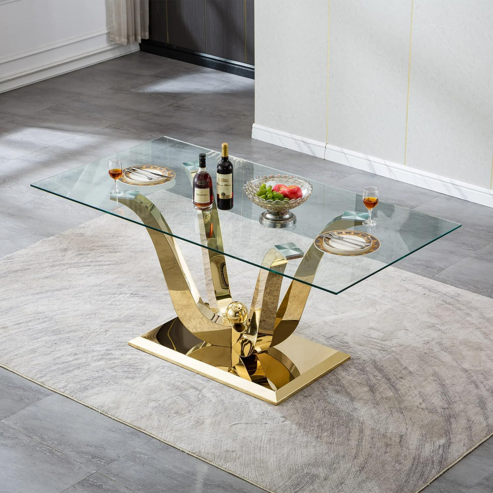 70" Modern Glass Dining Table for 6-8, Luxury Gold Glass Dining Room Tab...