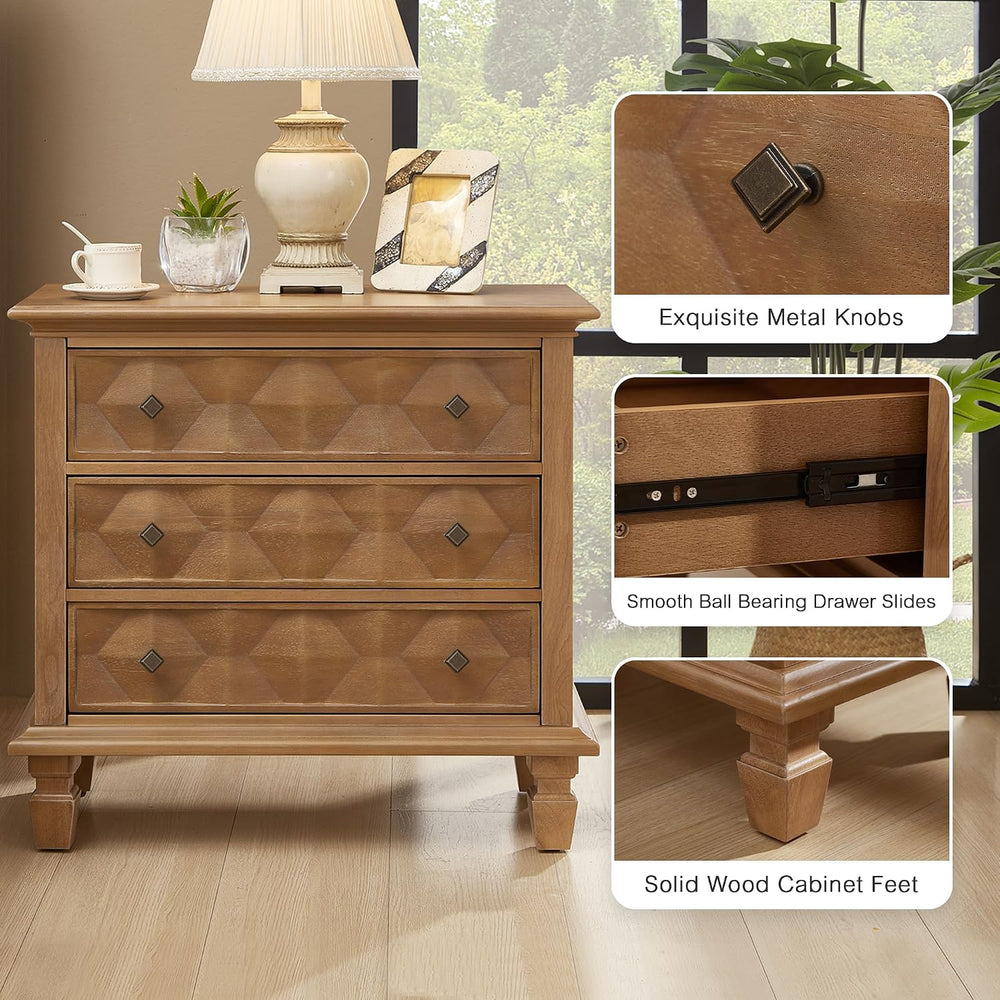 Traditional Geometric Textured Nightstand, 3 Drawer Solid Wood Bedside Table ...