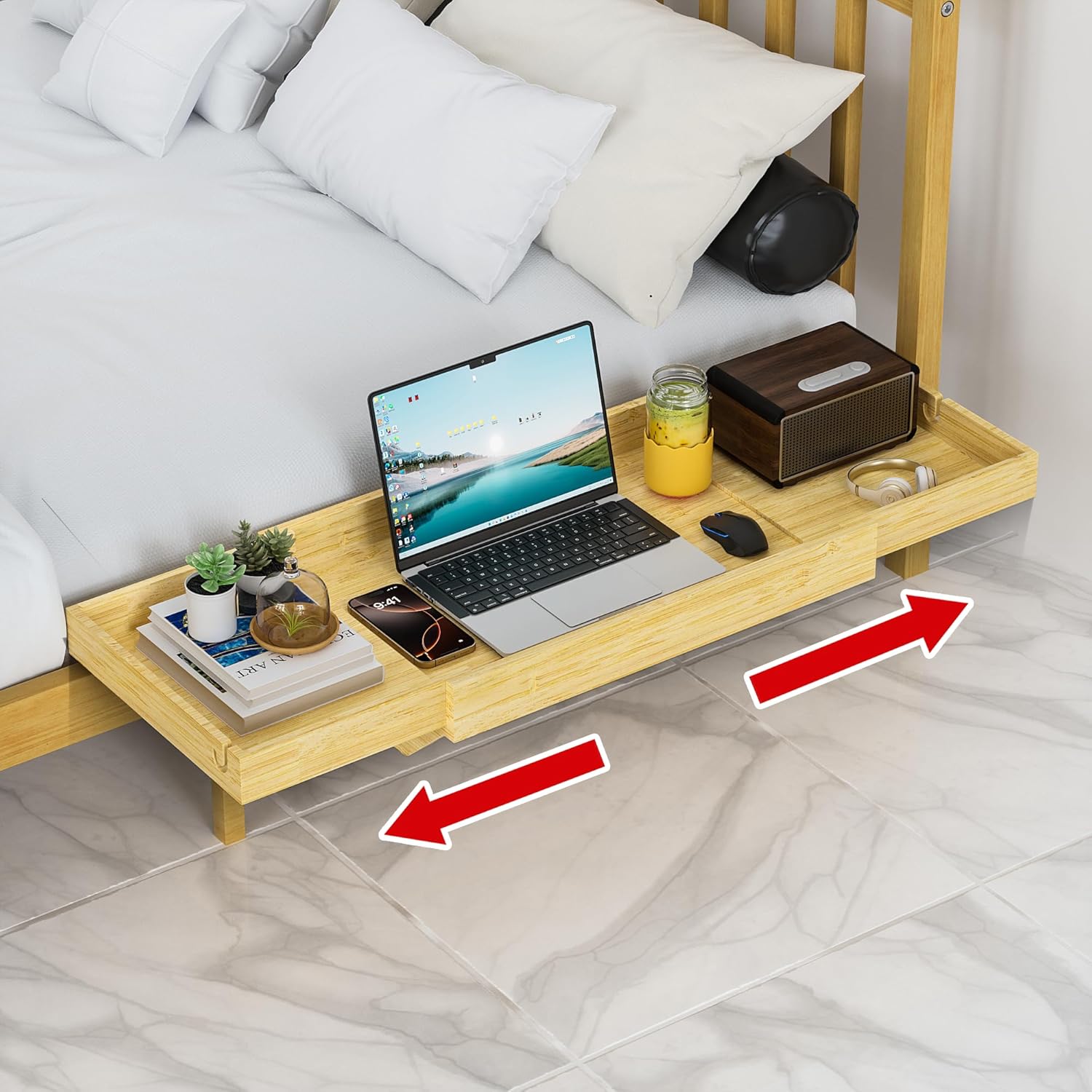 MinBoo Expandable Nightstand Shelf Bamboo College Caddy for Top Bunk Clip Bedside Shelf Floating Bed Side Table Tray Storage Dorm Room Decor College