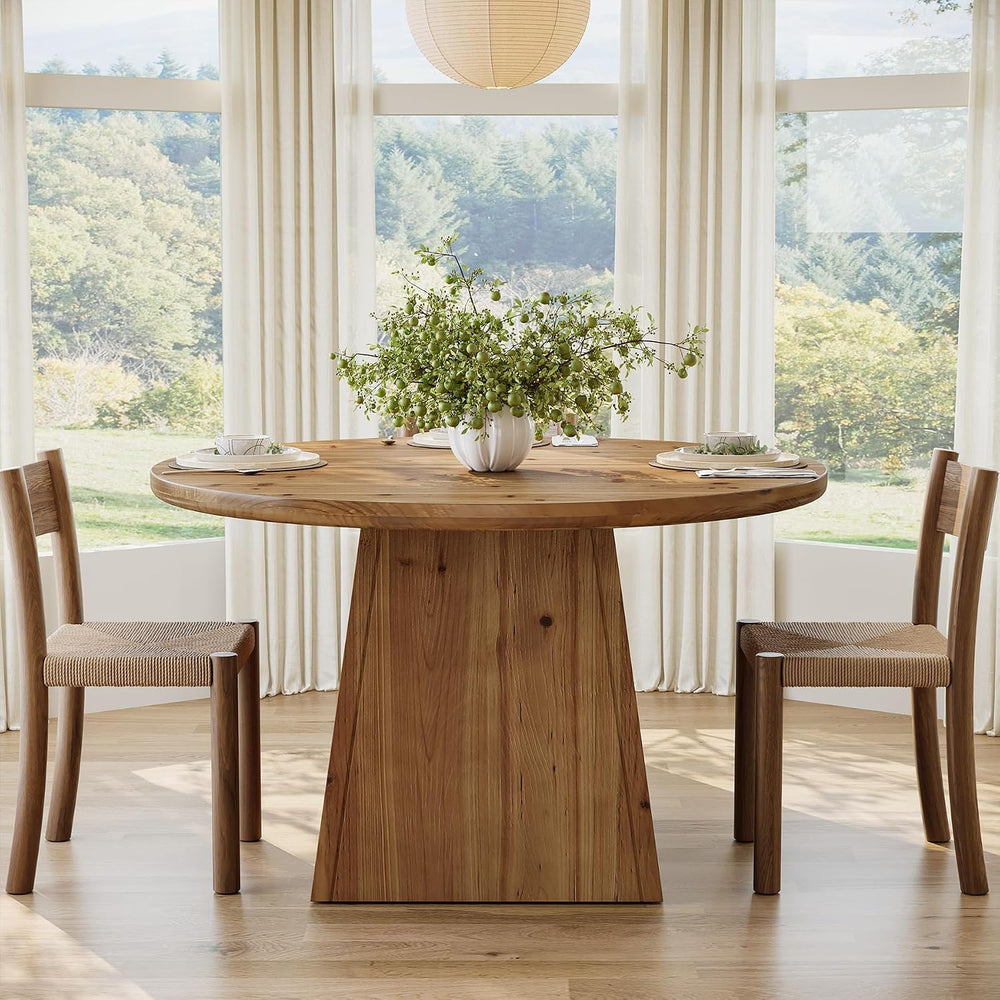 Solid Wood Round Dining Table for 4, Small Circle Kitchen Table with Thickene...