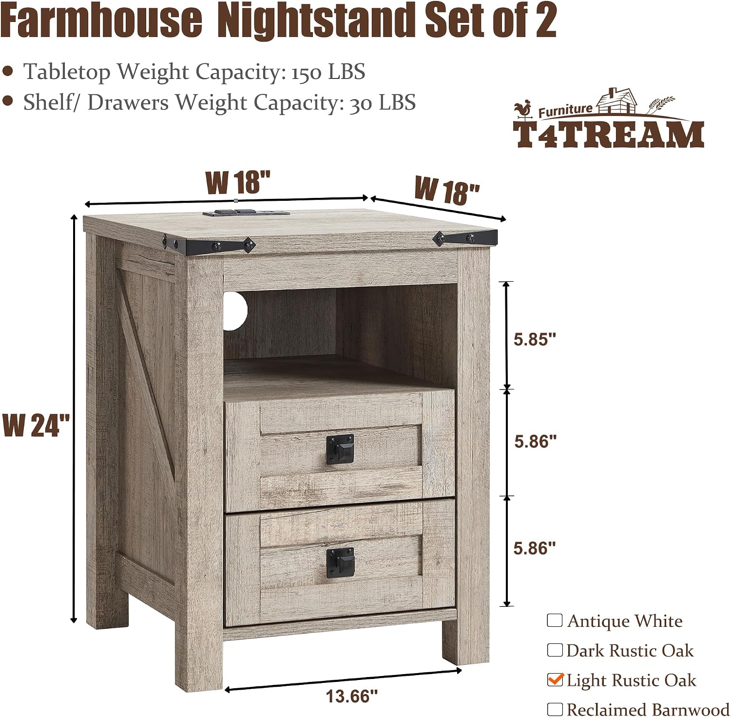 T4TREAM 18" Nightstand Set of 2 with Charging Station, Light Rustic Oak | Farmhouse, Rustic End Table, Open Shelf, 2 Drawers, Living Room, Side Table, Wood Bedside Table, Unique Corner Accent