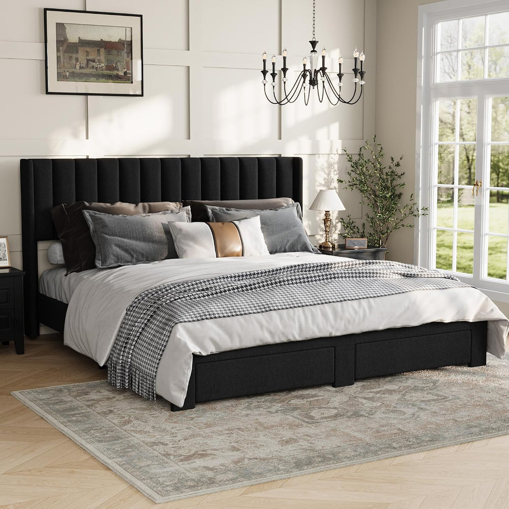 Takywep Upholstered Platform Bed with Wingback Headboard and 2 Drawer, King