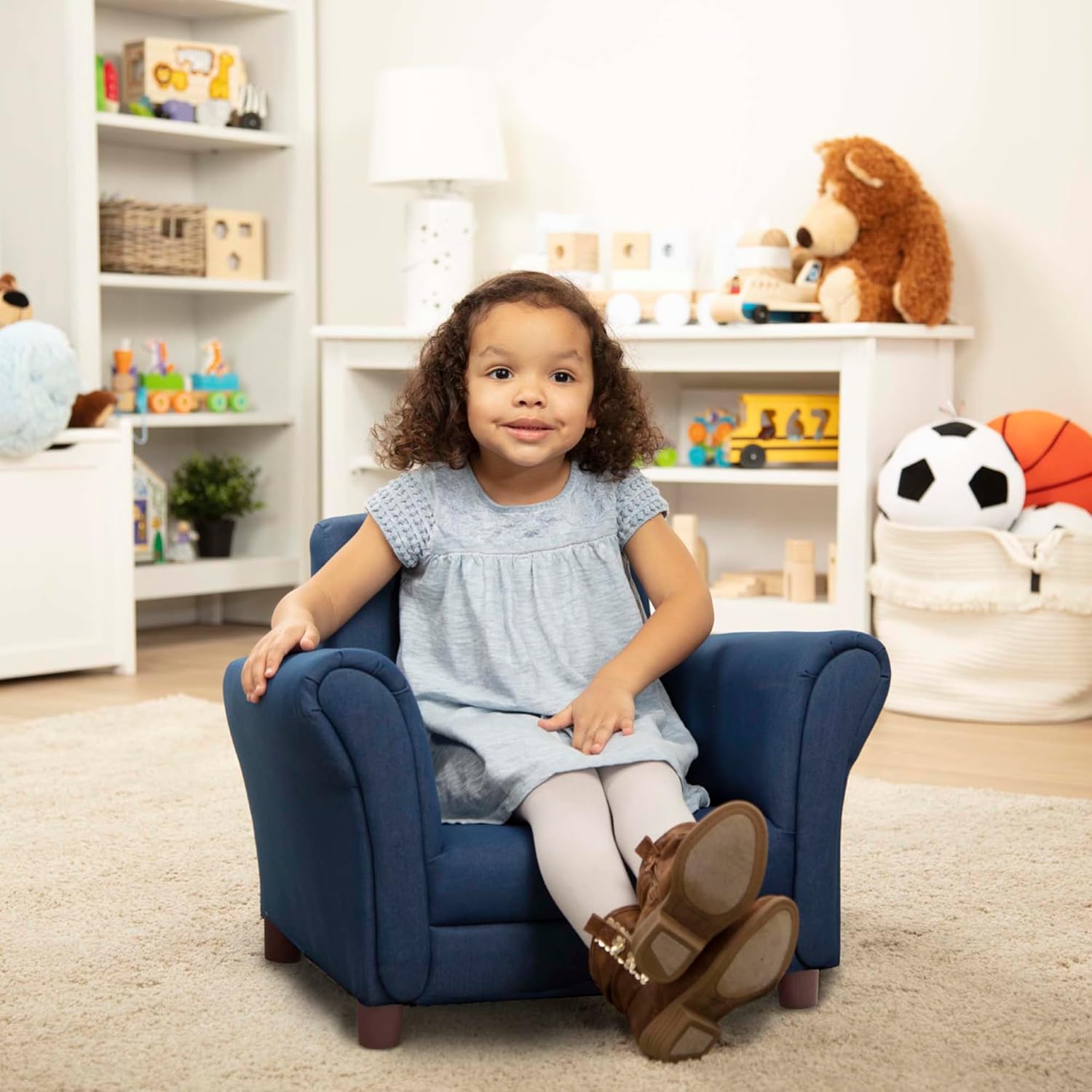 Melissa & Doug Denim Fabric Child’s Armchair (Kid’s Furniture, 23”L x 17.5”W x 18.3”H) Children's Furniture, Child's Reading Chair, Chairs for Toddlers, Oversized Kid's Armchair