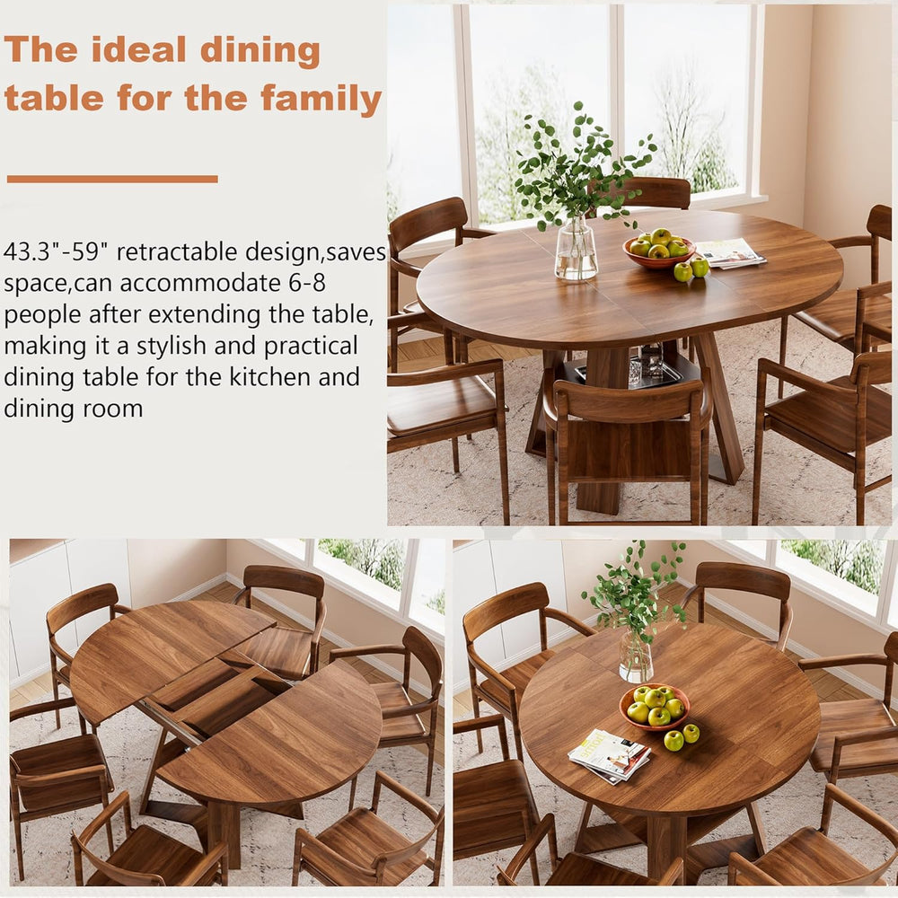 43.3in-59in Extendable Round Dining Table for 4-6,Modern Kitchen Oval Dining ...