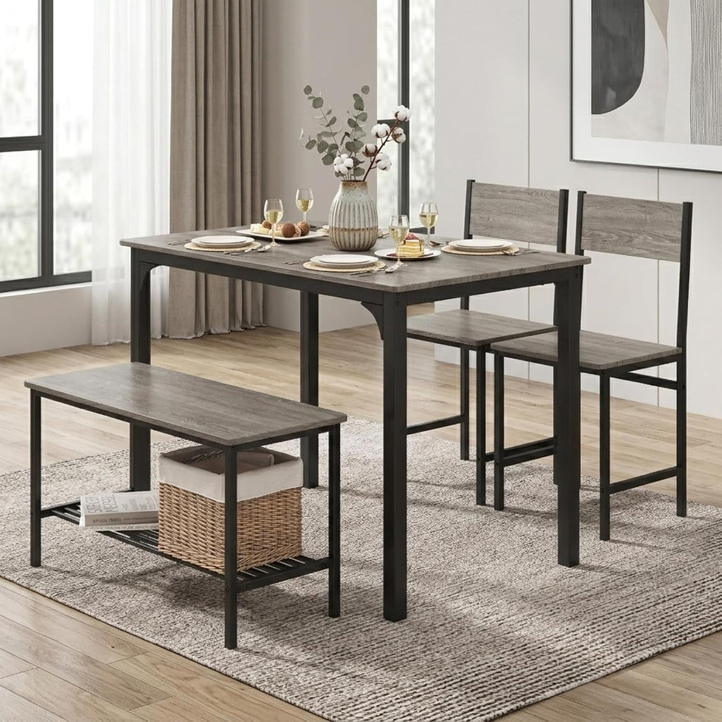 NAFORT Kitchen Table Set for 4, Industrial Dining Table with 2 Chairs & Storage Bench, Rustic Wood & Metal 4-Piece Dining Set for Small Space, Apartment, Kitchen & Dining Room