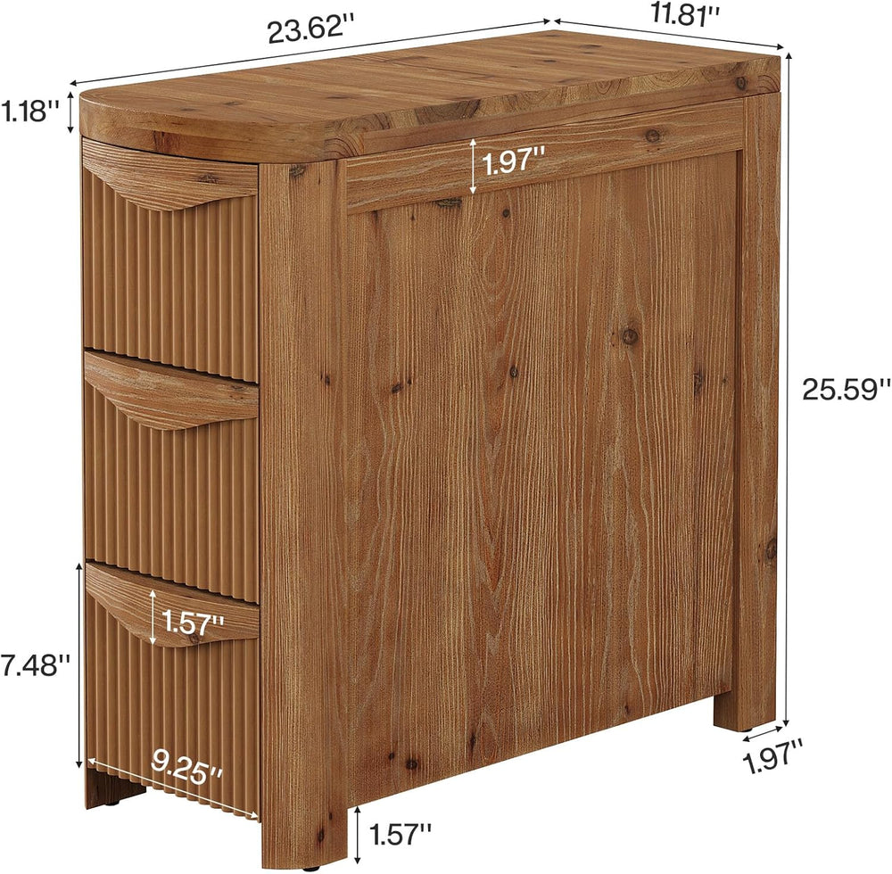Solid Wood End Table with 3 Drawers, 24" Farmhouse Fluted Narrow Side Ta...