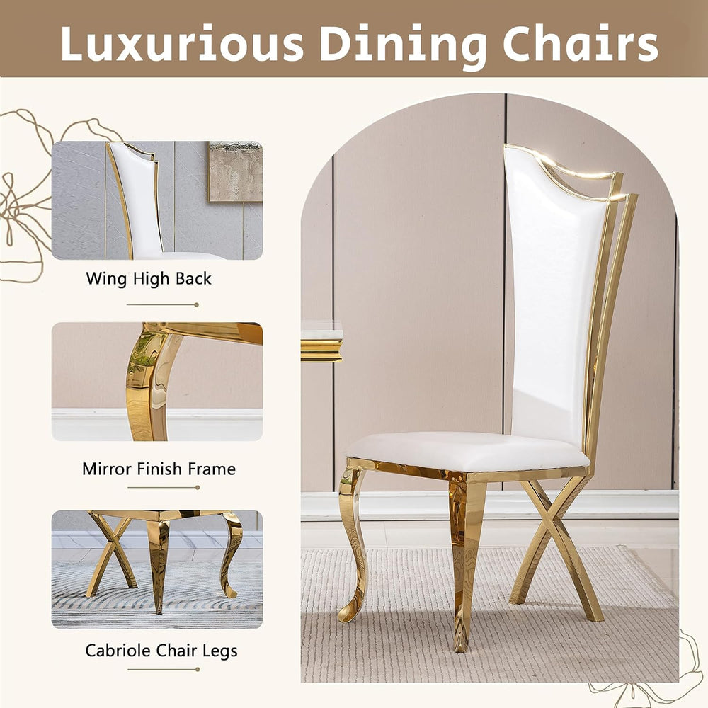 7 Piece Marble Dining Table Set for 6, Luxury Gold Kitchen Table and Chairs S...