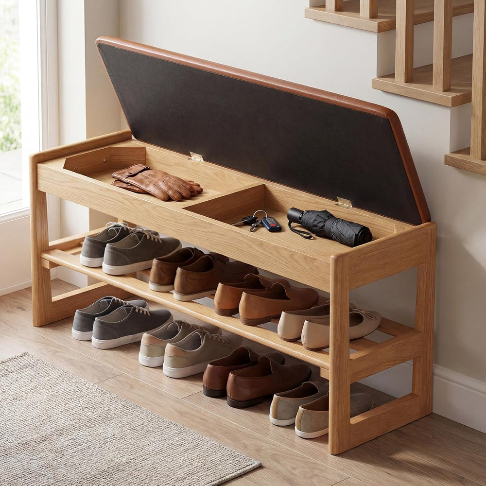 Giantex Shoe Rack Bench with Storage, Rubberwood Entryway Bench with Faux Lea...