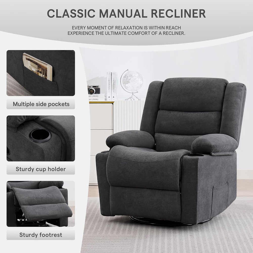 360°Swivel Rocking Chairs for Adult,Recliner Chair with Side Pockets and Cup ...