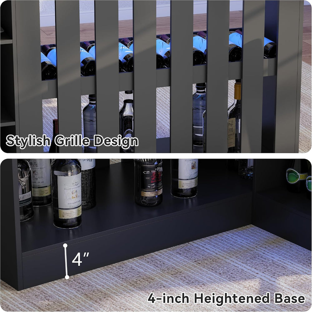 L Shaped Bar Table with LED Light, 4-Tier Corner Wine Bar Cabinet with Stemwa...