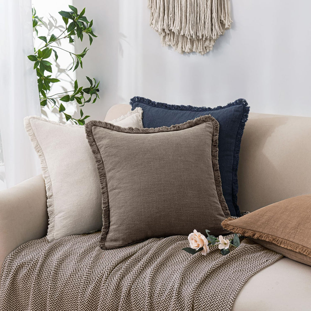 24x24 Inch Set of 2 Euro Linen Fringe Throw Pillow Covers,Coffee
