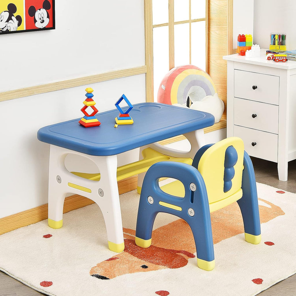 Costzon Toddler Table and Chair Set, Cute Dinosaur Children Activity Art Sturdy Desk Set w/Storage Rack & Montessori Building Blocks, Kids Table and Chair for Baby Boys Girls (Blue)