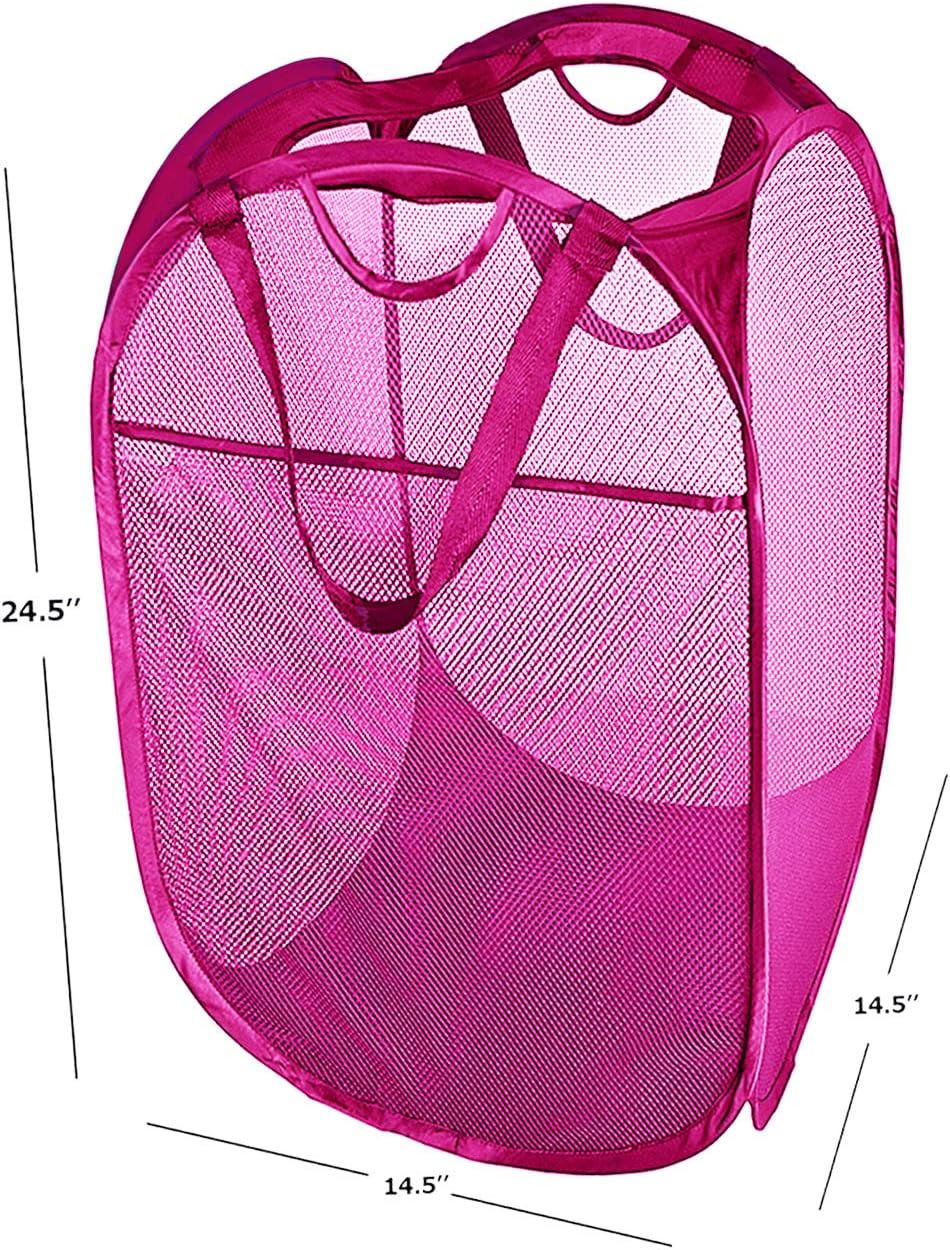 Strong Mesh Pop-up Laundry Hamper, Quality Laundry Basket with Durable Handles Solid Bottom High Carbon Steel Frame, Easy to Open and Fold Flat for Storage (Pink)
