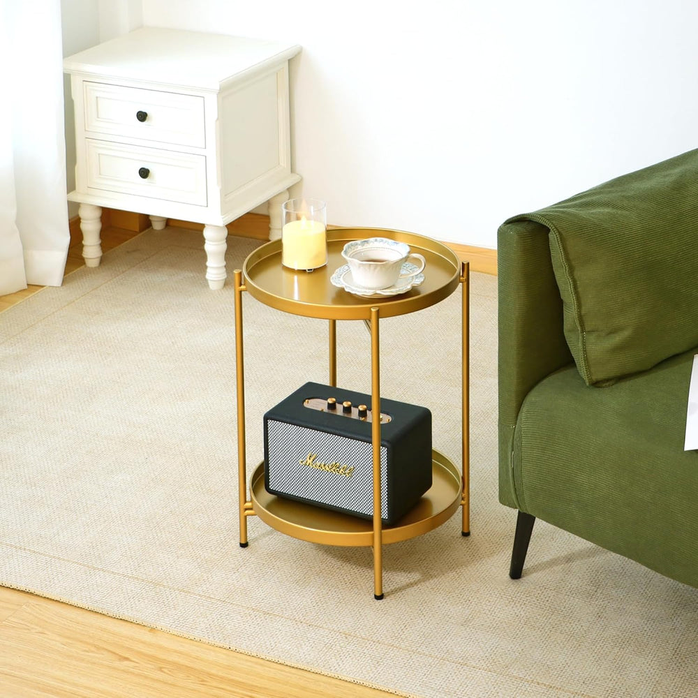 2-Tier Round End Side Table, Small Metal Side Table with Removable Tray, Fold...