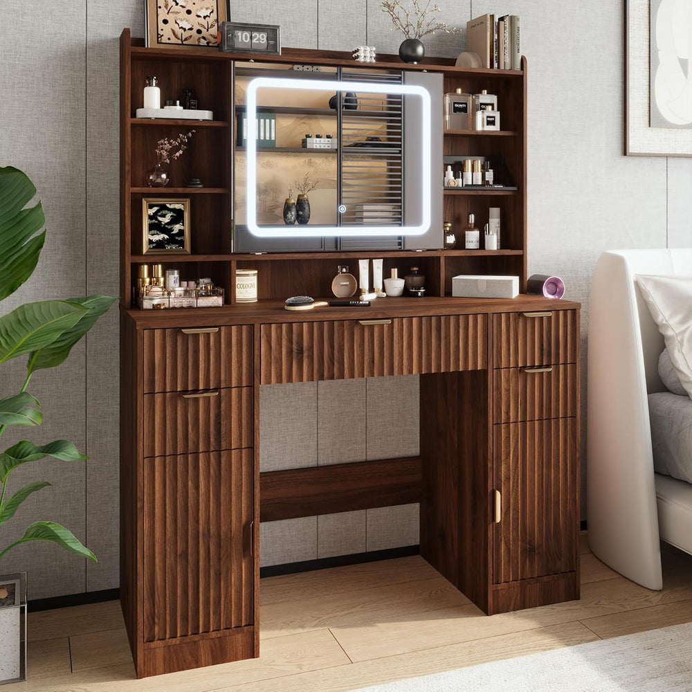 43.3" Fluted Vanity Desk with Mirror and Lights, Modern Makeup Vanity Ta...