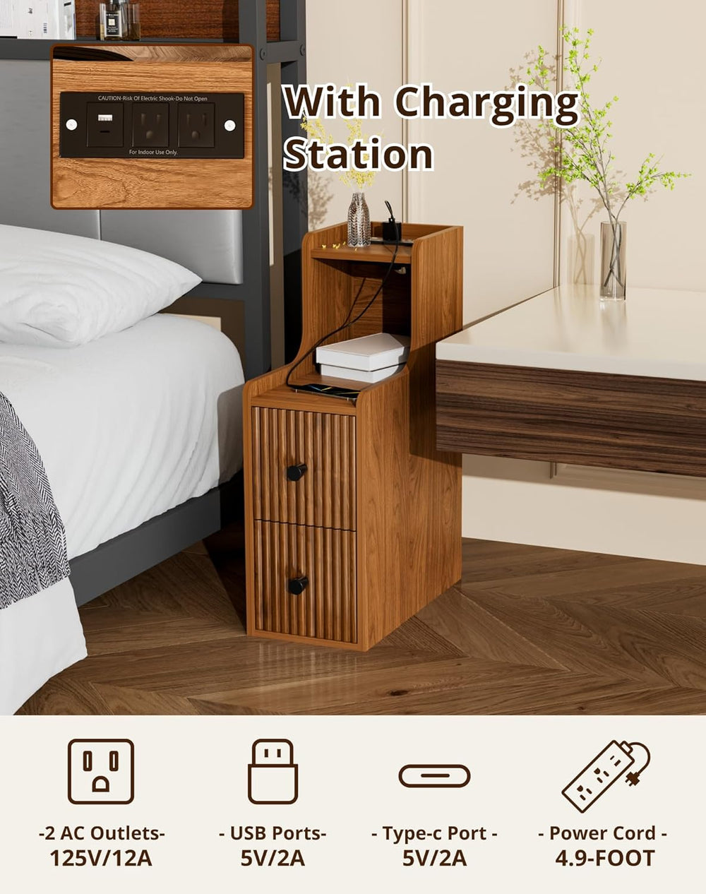 Narrow Side Table with Charging Station, Slim Nightstands with Storage Drawer...