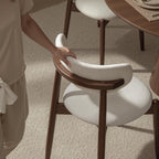 Dining Chairs Set of 4, Wooden Upholstered Dining Room Chairs with Curved Backrest, Mid Century Modern Fabric Kitchen Chairs, Cream & Walnut Legs