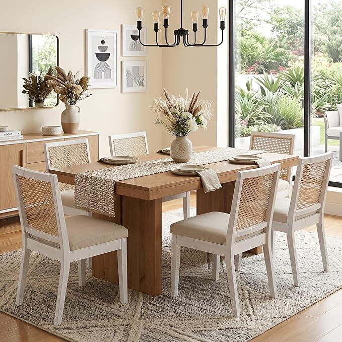 HNY Farmhouse Rattan Dining Chairs Set of 6, Mid Century Modern Kitchen & Dining Room Chairs, Cane Upholstered Kitchen Side Chair with White Hardwood Frame, Beige