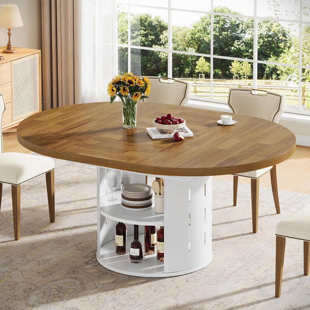43.3in-59in Extendable Round Dining Table for 4-6, Modern Oval Dining Table w...