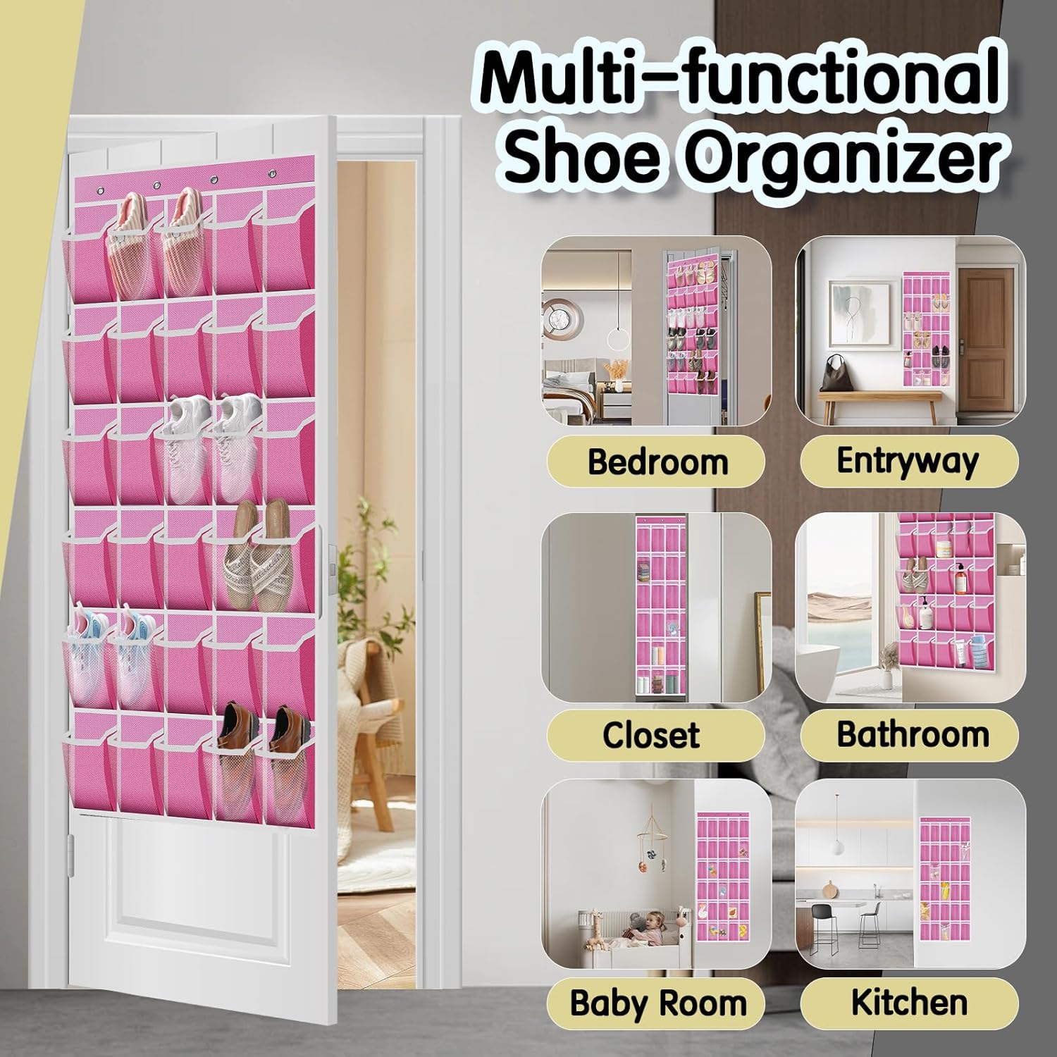 Kotkn Over the Door Shoe Organizer with 30 Breathable Mesh Pockets - Large Capacity Closet Storage for Men & Women, Hanging Shoe Rack Organizer (Pink)