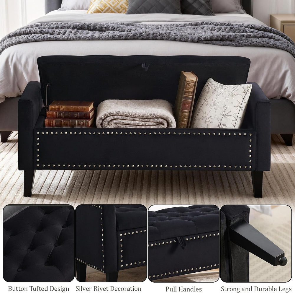 47in Velvet Storage Ottoman Bench with Arms, Upholstered Storage Bench with W...