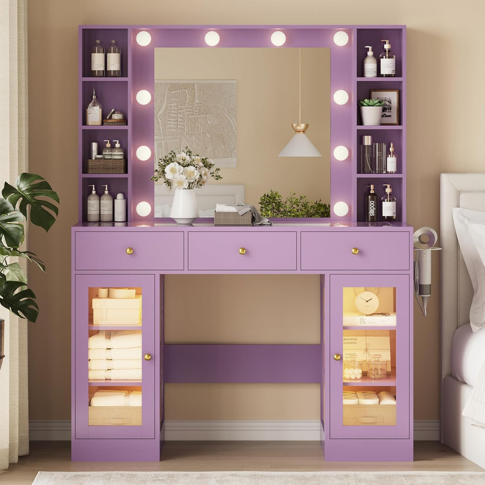 Xixini 43.3" Makeup Vanity with Mirror & Lights, RGB Glass Cabinets,...