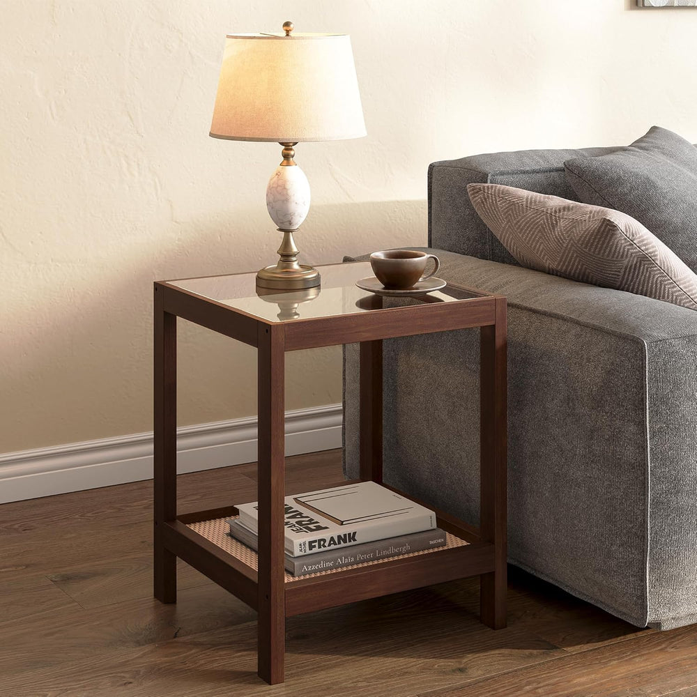 wanan Solid Wood End Tables Set of 2, Boho Rattan Nightstand with Glass Top &...