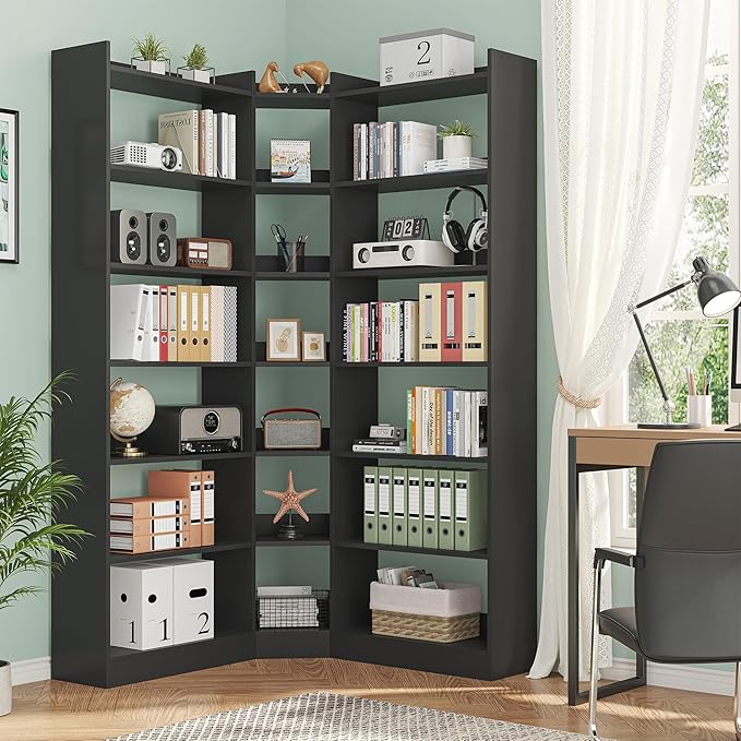 70.8" Tall Corner Bookshelf and Bookcases, 7 Tiers Morden Large Etagere Bookcases Storage Display Rack with Baffle, Industrial L-Shaped Bookshelves for Bedroom, Home Office, Living Room, Black