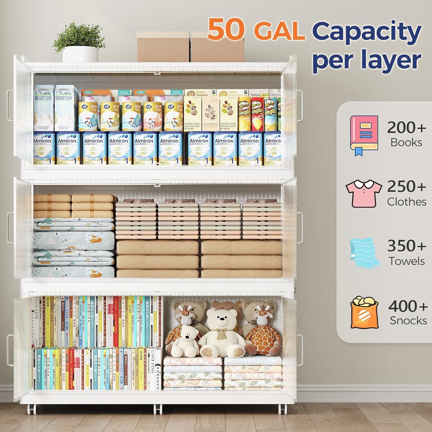 150GAL Extra Large Storage Bins with Lid, 600QT Collapsible Organizer with Wheels, Stackable Closet Cabinet with Doors, Folding Storage Containers for Home, Office, Kitchen, 3Pack White