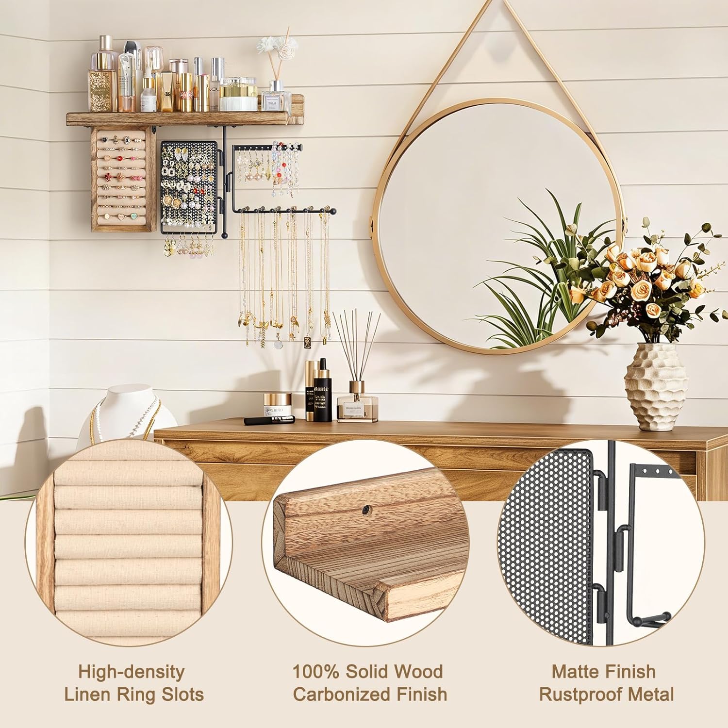 SOLIMINTR Hanging Jewelry Organizer Wall Mount with Rustic Wood Shelf, Ring Display Box, Ear Studs Earring Holder, Rotating Necklace Holder Organizer