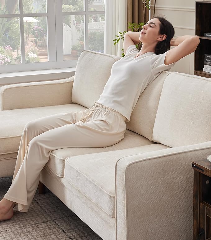 Kingfun 88" L-Shape Sofa, Chenille Sectional Couch, Mid Century Modern Couches with Solid Wood Frame for Living Room & Bedroom, Beige