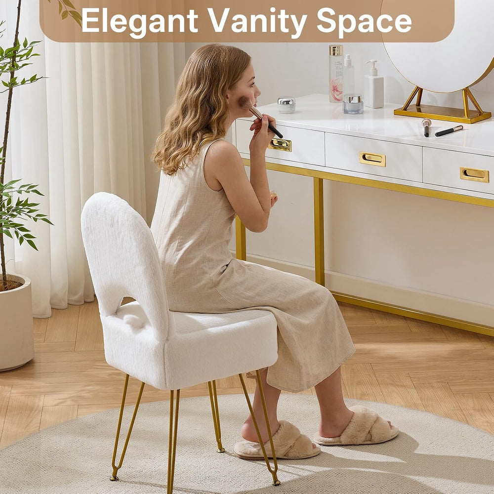 Gitrah White Vanity Chair with Storage, Folding Back Faux Fur Vanity Stool, M...