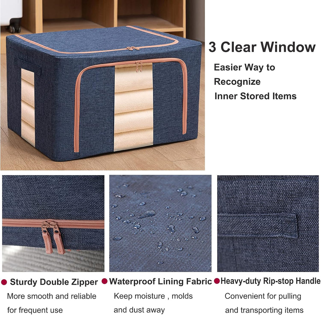 100L Large Storage Bags,Stackable Clothes Storage Bins with Hold Shape Metal Frame,Foldable Closet Organizer Containers with Zipper,Clear Window,Thick Fabric for Seasonal Clothing (Gray, 4 Pack)