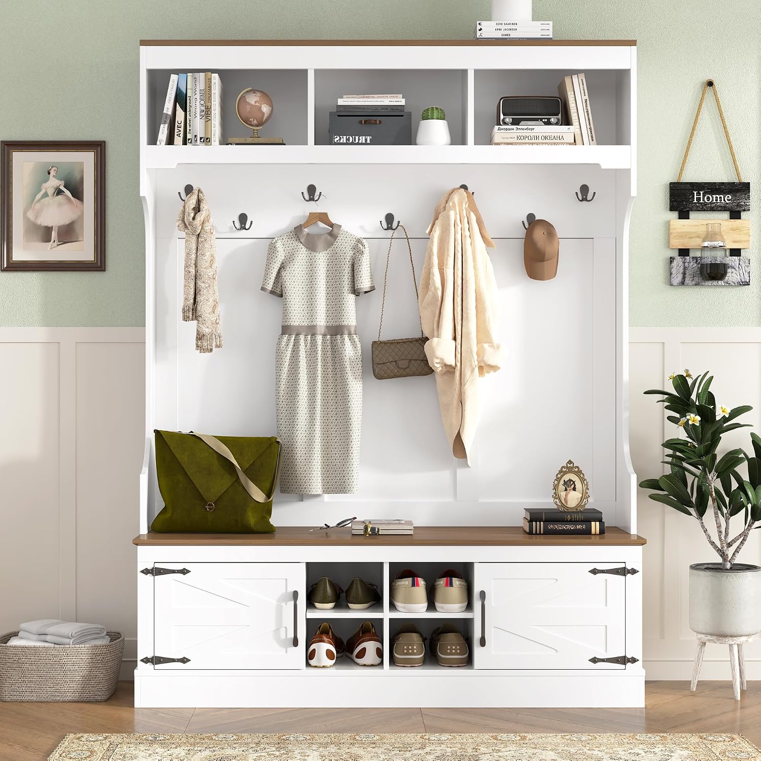 VilroCaz Versatile Hall Tree with 7 Hooks and Shoe Storage, 71''H Farmhouse Wood Coat Rack Entryway Storage Organizer Cabinet with 4 Shoe Cubbies, 54.30'' Wide Hall Tree for Entrance Hallway