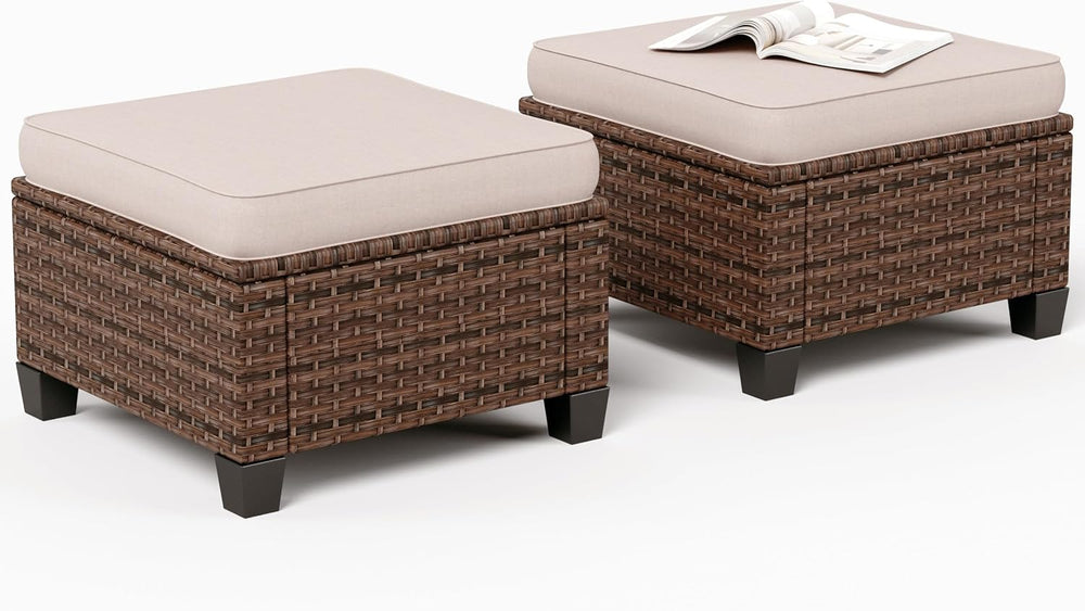 SUNSHINE VALLEY Outdoor Patio Ottomans,2 Pieces All Weather Wicker Ottomans w...