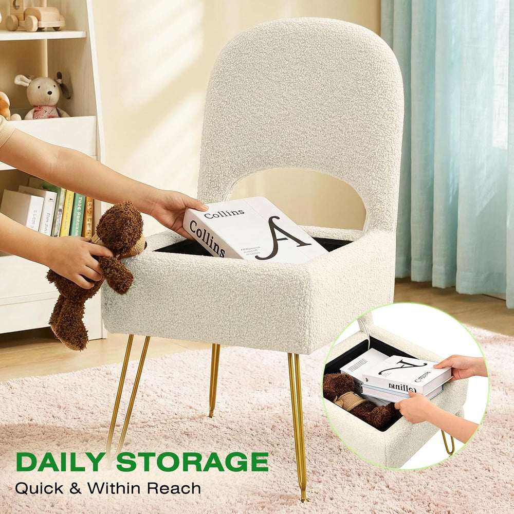 Vanity Stool with Storage & Folding Backrest, Cute White Faux Fur Makeup ...