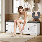 UPOSOJA 60“ Farmhouse Shoe Storage Bench with Deodorizing, Entryway Storage Bench with Cushion Seat, 4 Doors Freestanding Hidden Shoe Rack, Adjustable Shelf, for Bedroom, Living Room (White, 60IN)