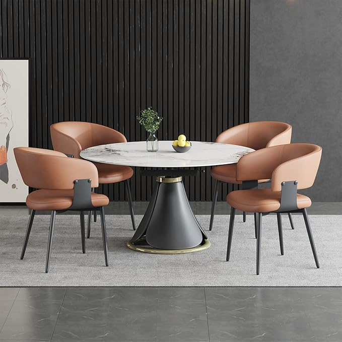 Modern Dining Chairs Set of 4, Faux Leather Upholstered Kitchen Chairs with Curved Back and Metal Legs, Mid Century Chairs for Dining Room, Breakfast Nook, or Café (Brown)