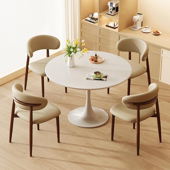 Dining Chairs Set of 4 for Kitchen Dining Table Mid Century Modern Farmhouse Upholstered Leather Dining Room Chairs with Metal Legs, Walnut Khaki