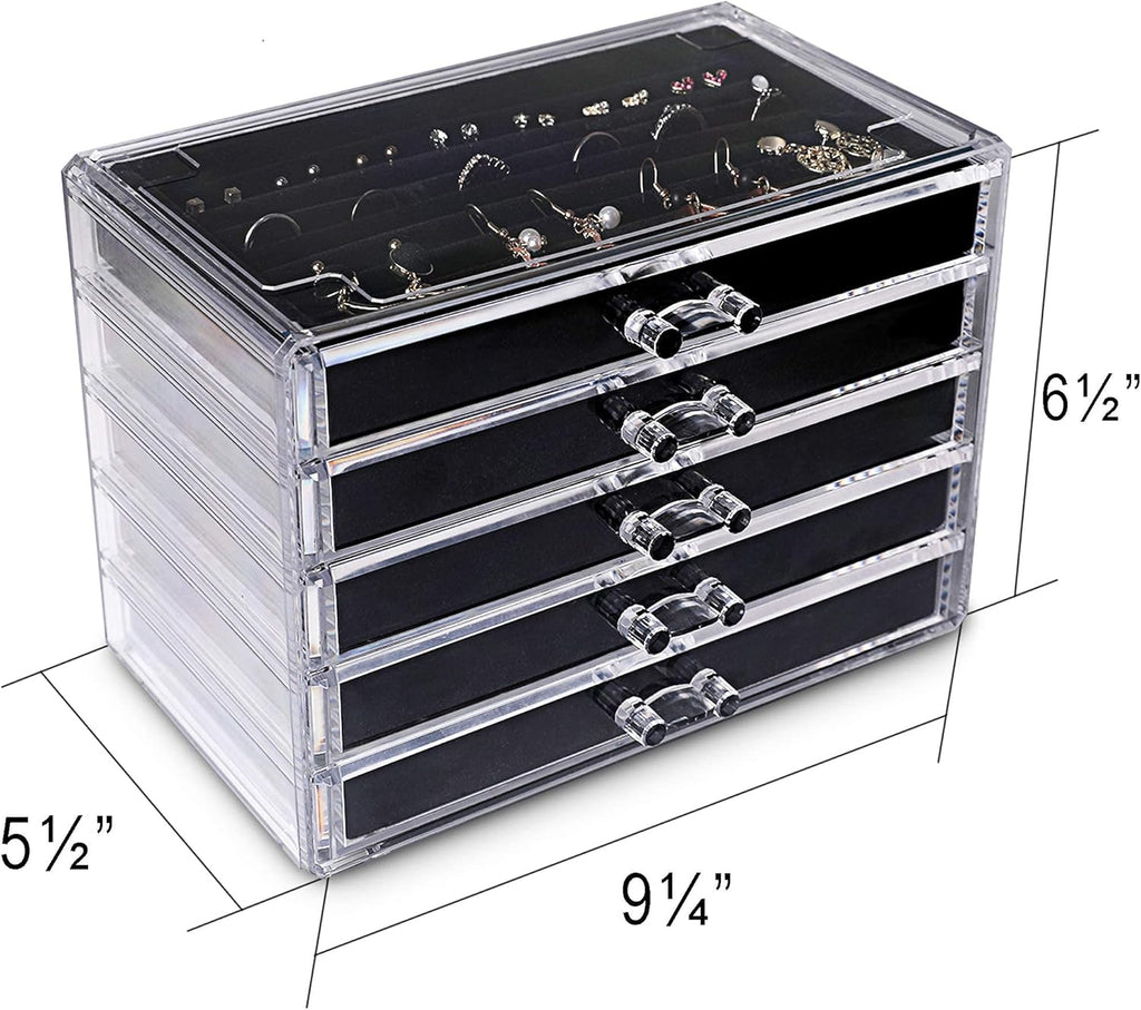 Frebeauty Extra Large Acrylic Jewelry Box for Women 5 Layers Clear Jewelry Organizer Velvet Earring Box with 5 Drawers Rings Display Case Necklaces Holder Tray for Women Girls (Black)