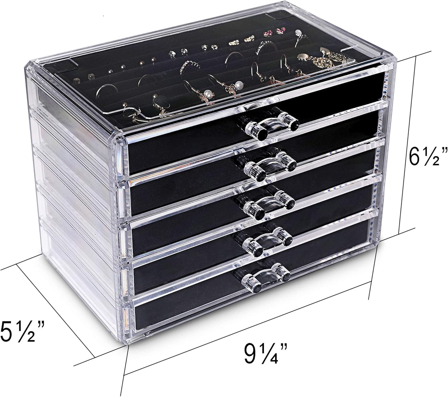 Frebeauty Extra Large Acrylic Jewelry Box for Women 5 Layers Clear Jewelry Organizer Velvet Earring Box with 5 Drawers Rings Display Case Necklaces Holder Tray for Women Girls (Black)