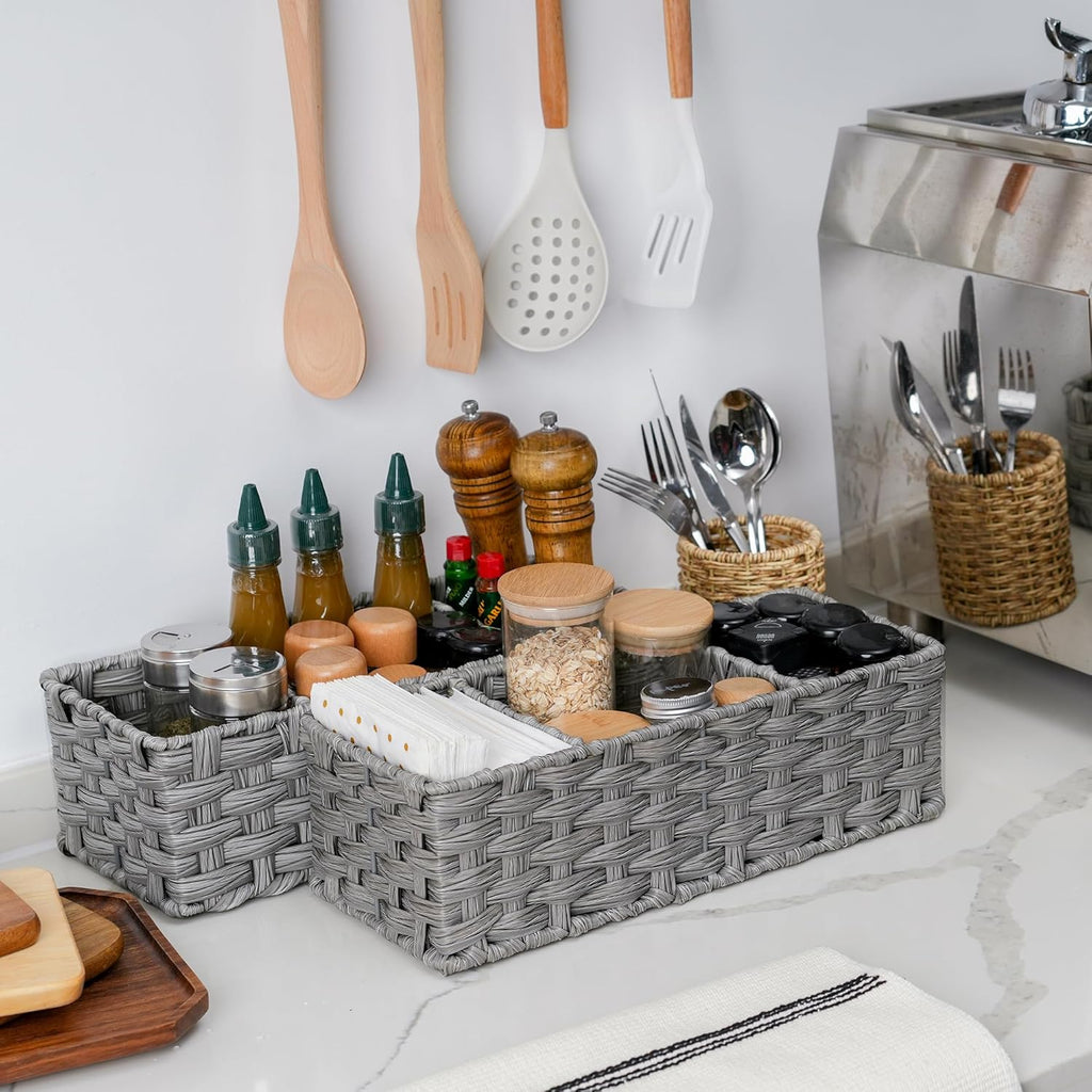 GRANNY SAYS Toilet Tray Tank Topper, Wicker Baskets for Storage, Set of 2 Waterproof Bathroom Basket for Organizing, Gray Bathroom Organization Baskets, 14¼" x 6" x 4¼"