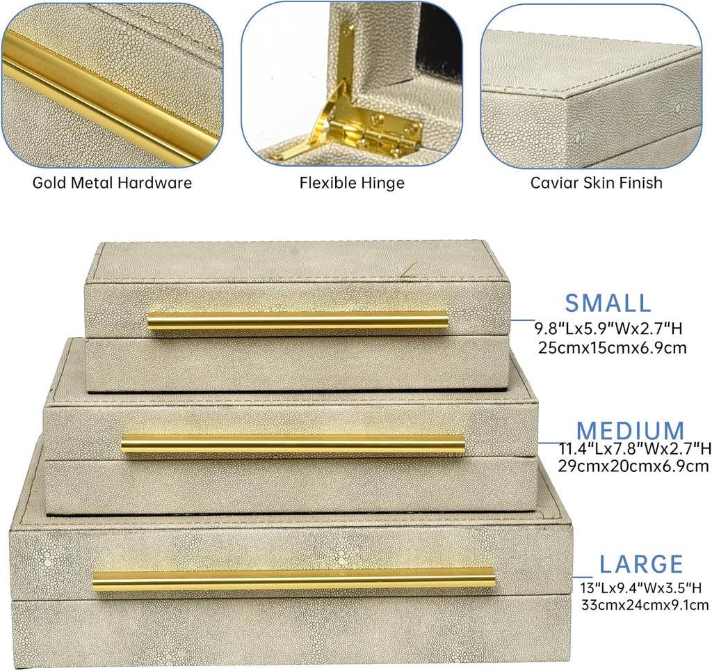 Faux Shagreen Leather Jewelry Storage Boxes Set of 3 with Gold Handles, Velvet Lined Stackable Organizer for Women, Vanity, Dresser, Gift, White