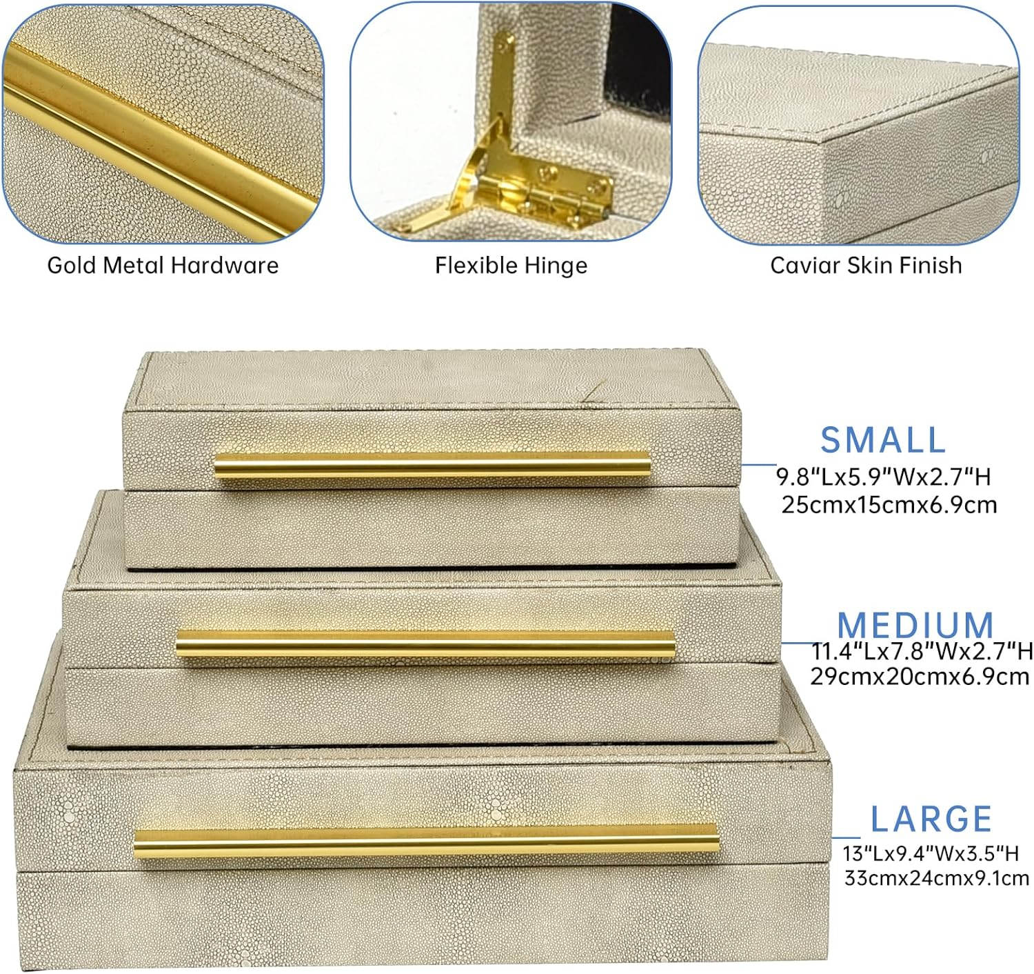 Faux Shagreen Leather Jewelry Storage Boxes Set of 3 with Gold Handles, Velvet Lined Stackable Organizer for Women, Vanity, Dresser, Gift, White